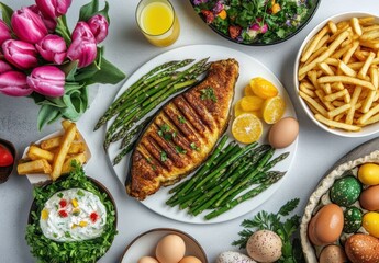 Vibrant Culinary Spread Featuring Grilled Fish, Fresh Asparagus, Eggs, Colorful Salad, French Fries, and Refreshing Drink on a Stylish Table Setting