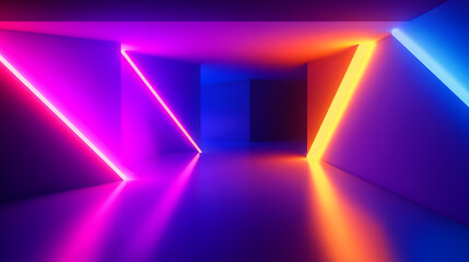Obraz premium Abstract geometric background. Futuristic neon wallpaper. 3d render of a futuristic corridor with glowing lights in purple, blue, and orange hues. Walls reflect the vibrant colors