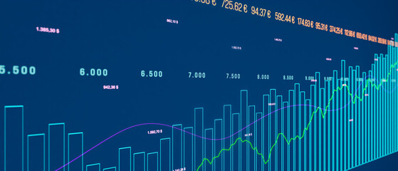 Rising bar graph, charts, market data and lines. Ticker, financial figures, progress, growth, business finance and industry.