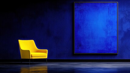 Modern Interior with Yellow Chair Against Deep Blue Wall and Large Abstract Artwork
