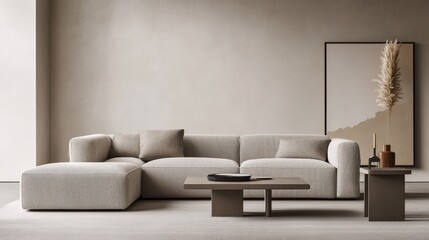 Minimalist living room design with sparse furniture. Featuring an open, clean space with uncluttered lines