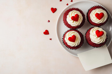 Valentine's Day still life, a plate of red velvet cupcakes topped with cream cheese frosting and tiny edible heart decorations, arranged alongside a vintage greeting card and scattered confetti 