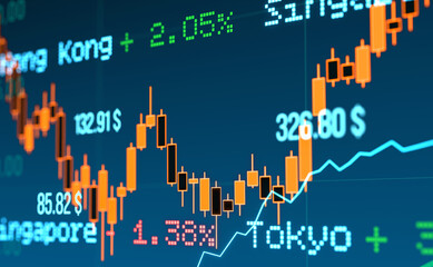 Naklejka premium Close up orange candle stick chart and blue line chart with market data. Ticker tape with index data of Tokyo and Hong Kong. Business, trading and investment conept. 3D illustration