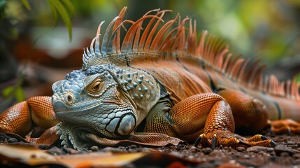 Fototapeta premium Orange iguana resting with detailed scales and spikes on a forest floor.