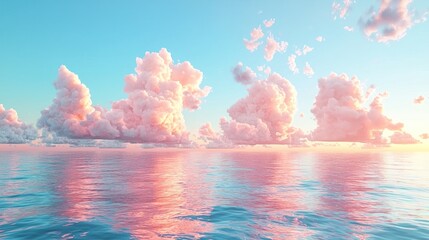 Pastel pink clouds reflected in a calm ocean at sunset.