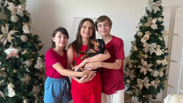 familia com cachorro fofo em arvore de natal 