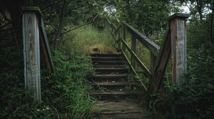 Rustic wooden stairs climb through a green, overgrown forest.