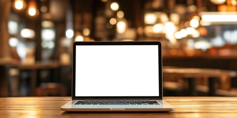 Laptop blank screen on wood table with cafe background, mockup, copy space for banner