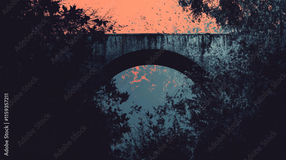 Poster sunset casts shadows over a weathered arch bridge surrounded by trees