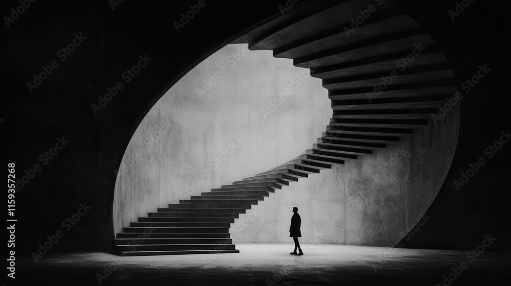 Poster person standing at base of spiral staircase in monochrome visual design of modern architecture