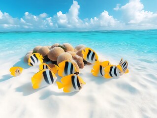 Obraz premium Tropical fish swim near a coral reef in clear water