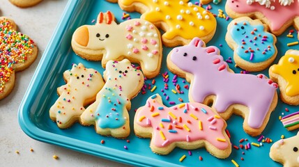 A festive tray of sugar cookies shaped like animals, decorated with colorful icing and sprinkles