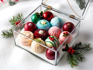 Glass box of assorted colourful Christmas candies surrounded by pine and holly on snow white background, closeup and selective focus