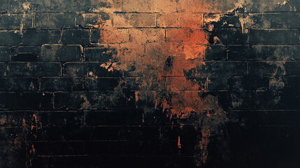 Obraz premium Abstract black and orange paint on a textured brick wall background