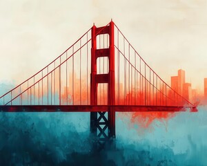 Obraz premium Acrylic cityscape of San Francisco, featuring the Golden Gate Bridge enveloped in ethereal morning fog