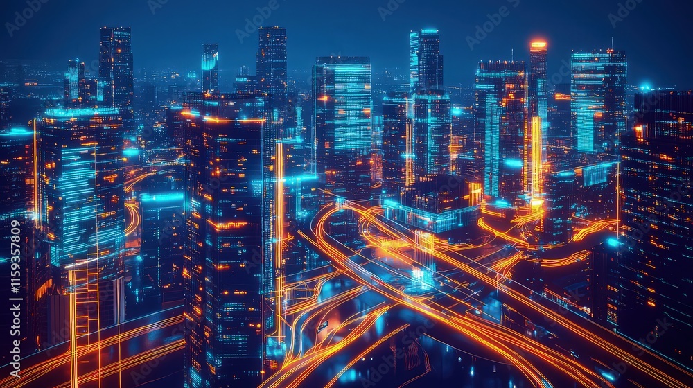 Poster a bustling cityscape at night, with glowing light panels on every building and data streams forming 