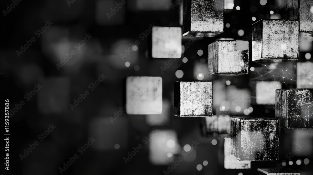 Poster abstract black and white composition of floating cubes with sparkling light effects in background