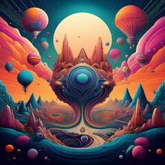 surreal digital art combining abstract shapes, dream-like landscapes, and vibrant, rich color palettes. Incorporate elements like floating objects, distorted realities, and cosmic themes.