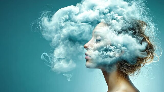The illustration showcases a young woman with her head engulfed in fluffy clouds, symbolizing her feelings of depression and loneliness