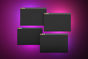 Computer popup windows on purple background. Illustration as the copy space for computer and technological topics 