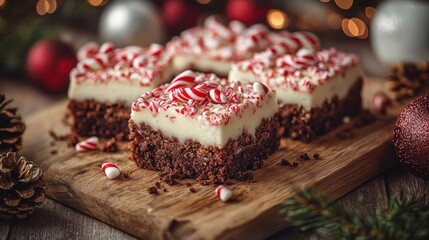 Peppermint brownies on a wooden board.