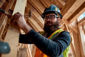 Craftsman focuses on details while building a wooden frame at a busy construction site