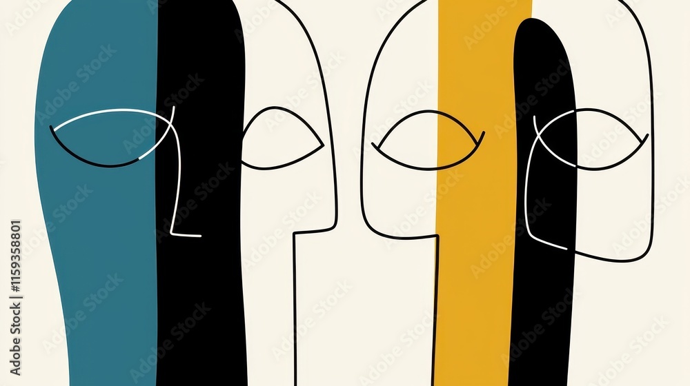 Poster abstract line art of two human faces with colorful backgrounds in minimalist style