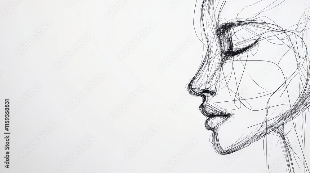 Poster abstract line art of a female profile with minimalist style and soft color palette