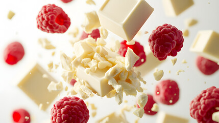 photo of floating pieces of chocolate and raspberries , white background
