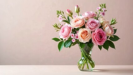 Obraz premium A vase filled with vibrant pink and white roses on a table