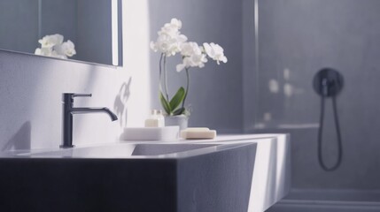 Minimalist modern bathroom with clean, serene design. Featuring neutral tones and sleek fixtures