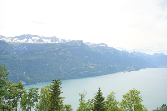 Scenic view of Brienz, Switzerland, featuring mountains, lush greenery, and a serene lake under a cloudy sky. A tranquil landscape perfect for nature lovers.