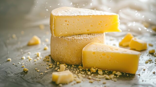 Stacked wedges and pieces of cheese on a textured surface.
