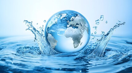 A globe with the continents outlined in white is submerged in water creating a splash and bubbles.