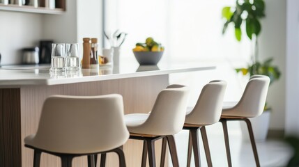 Obraz premium Minimalist modern breakfast bar with clean, elegant design. Featuring neutral tones and sleek bar stools