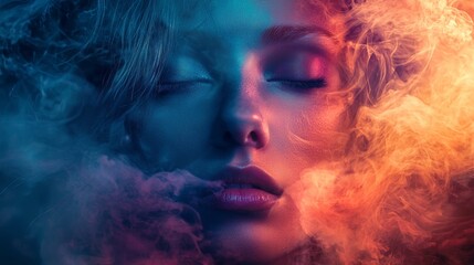 Abstract portrait with vibrant smoke and golden light