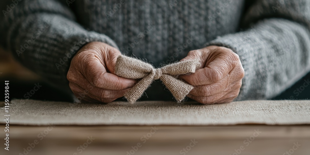 Poster Close-Up of Hands Tying a Fabric Bow in Natural Material with Rustic Background for Crafting