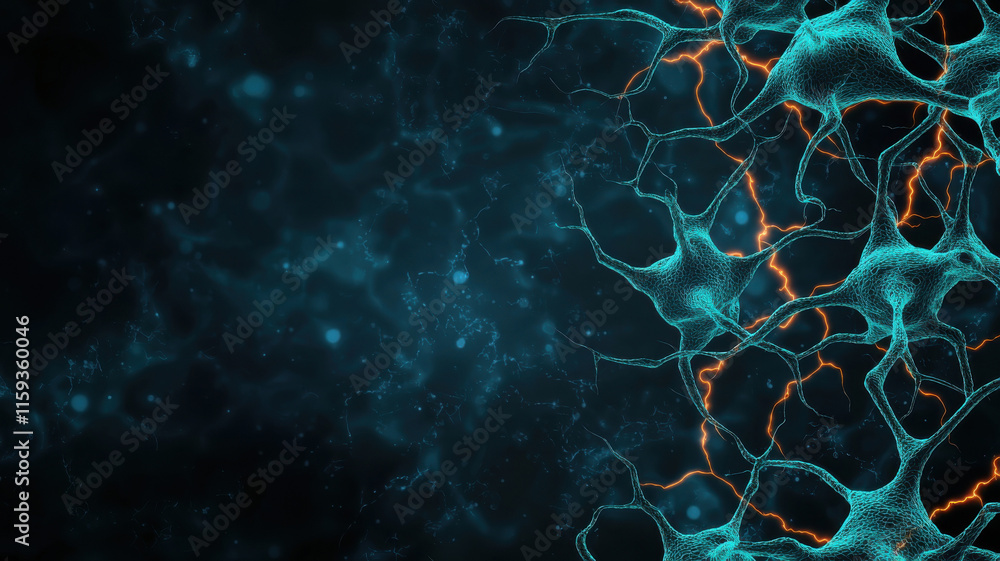 Poster neural network visualization with glowing connections and dark background