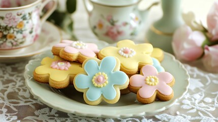 Sugar cookies shaped like flowers, decorated with pastel icing, on a lace tablecloth with a vintage tea set