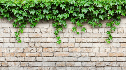Lush green ivy cascading over textured brick wall creates serene backdrop