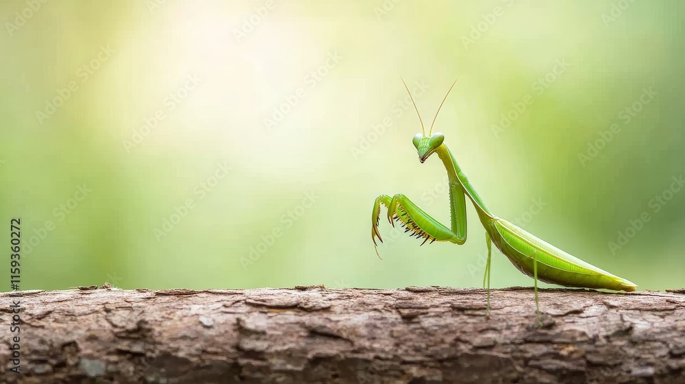 Poster close-up of a green praying mantis sitting on a branch surrounded by a soft blurred background in na