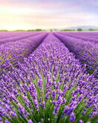 Obraz premium Lavender field with vibrant purple flowers stretching across landscape, creating serene and calming atmosphere