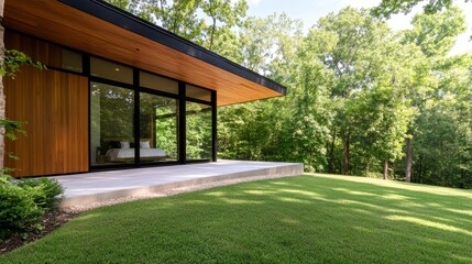 Fototapeta premium Peaceful Woods Cabin Retreat Design - Serene woodland escape, modern architecture, glass walls, wooden accents, tranquil landscape. Symbolizes peace, nature, modern design, luxury, and escape.