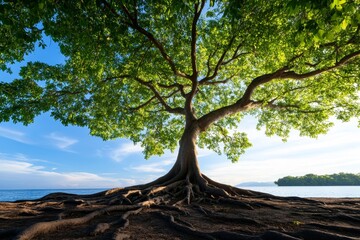 Fototapeta premium Majestic Coastal Tree - Tranquil scene, nature, peace, resilience, growth. A large tree by the ocean symbolizes strength and serenity.
