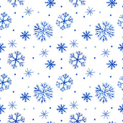 Seamless snowflake pattern. Illustration is made in watercolor technique. Fluffy blue snowflakes on a transparent background for your design