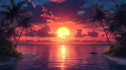 Vibrant sunset over serene tropical beach featuring silhouetted coconut palm trees against a colorful evening sky
