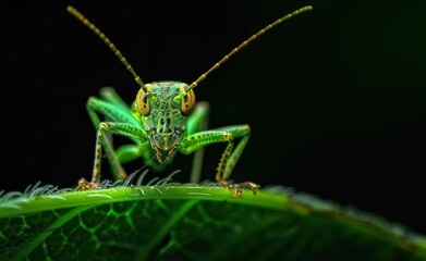 Vibrant green grasshopper on leaf, dark background.