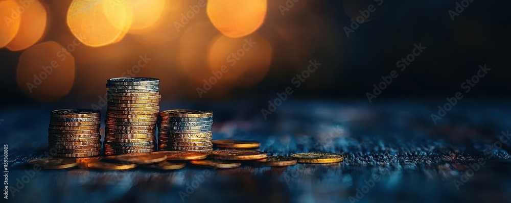 Poster stacked coins with blurred background and warm lights in a dark atmospheric setting