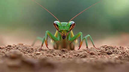 Close-Up of a Vibrant Green Praying Mantis on Soil with Detailed Features and Textures Captured in Nature Photography