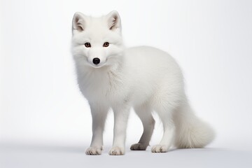 A charming white Arctic fox stands gracefully against a plain background, showcasing its fluffy fur and curious demeanor.